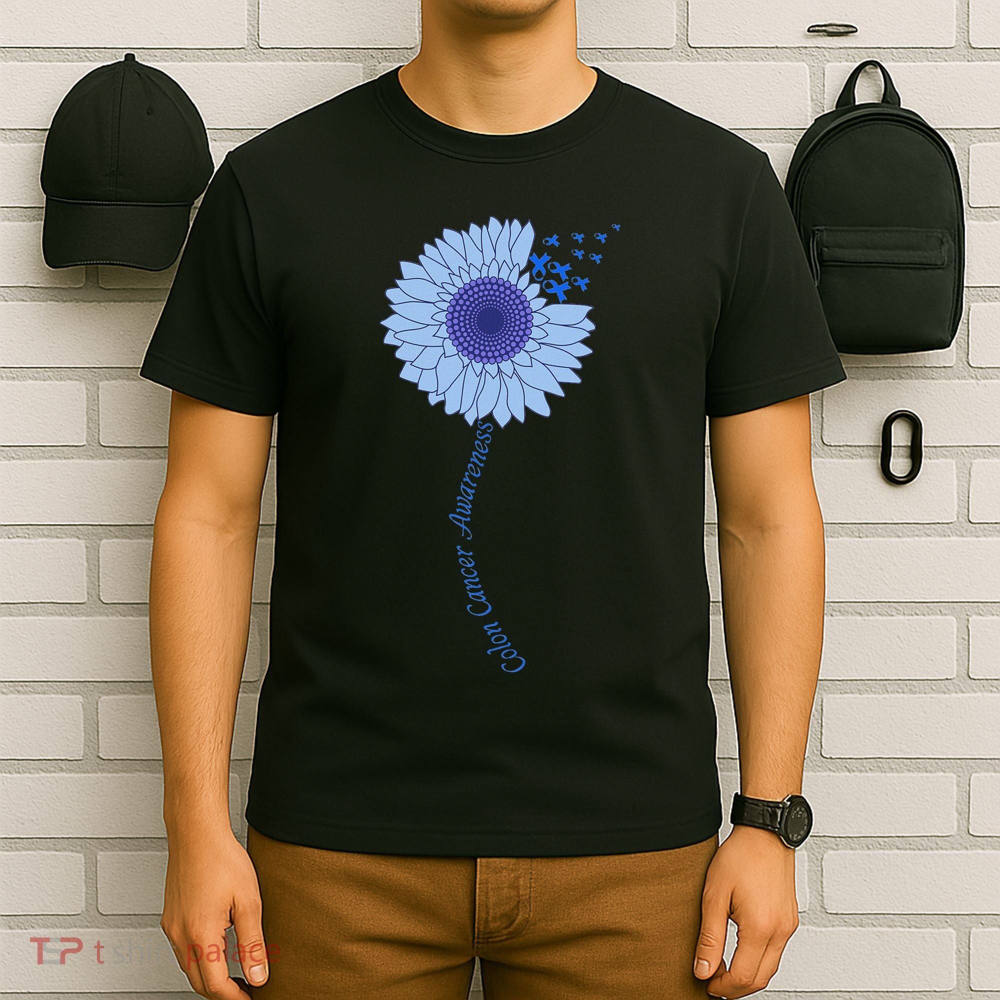 Colon Cancer Awareness Sunflower Periwinkle Ribbon T-Shirt