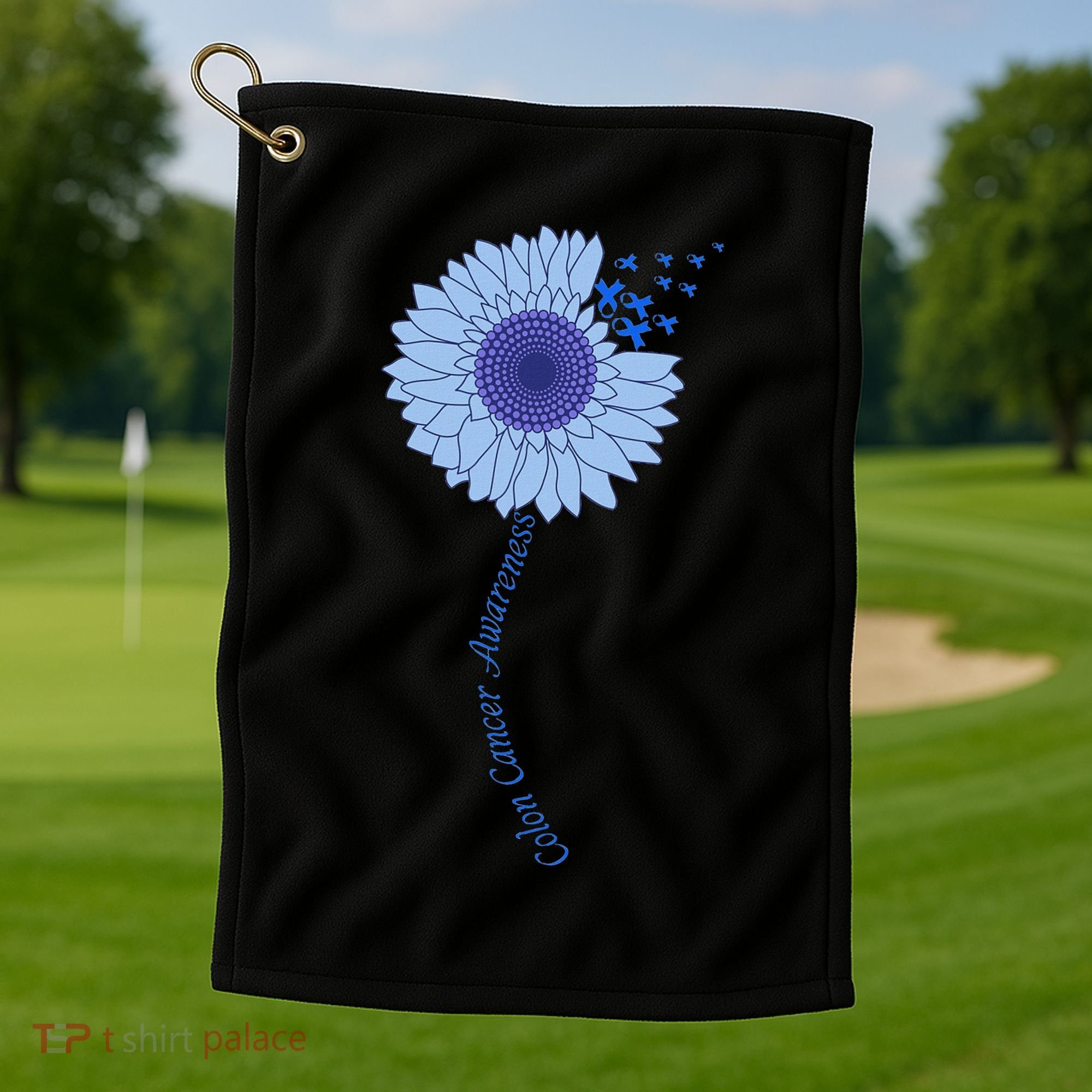 Colon Cancer Awareness Sunflower Periwinkle Ribbon Golf Towel