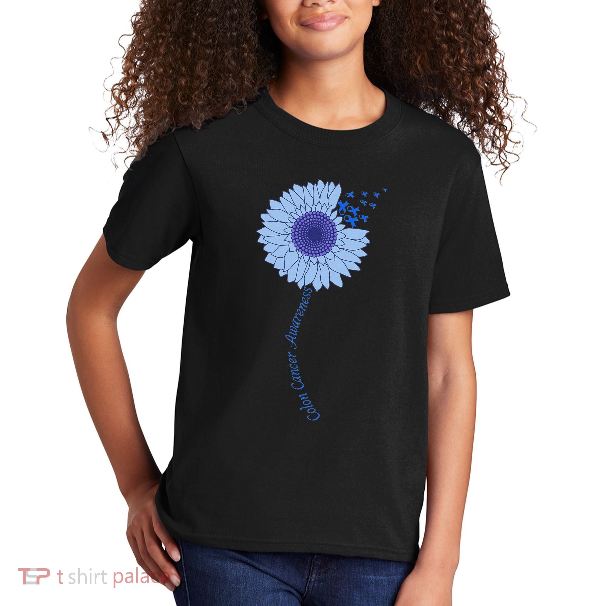 Colon Cancer Awareness Sunflower Periwinkle Ribbon Kids T-Shirt