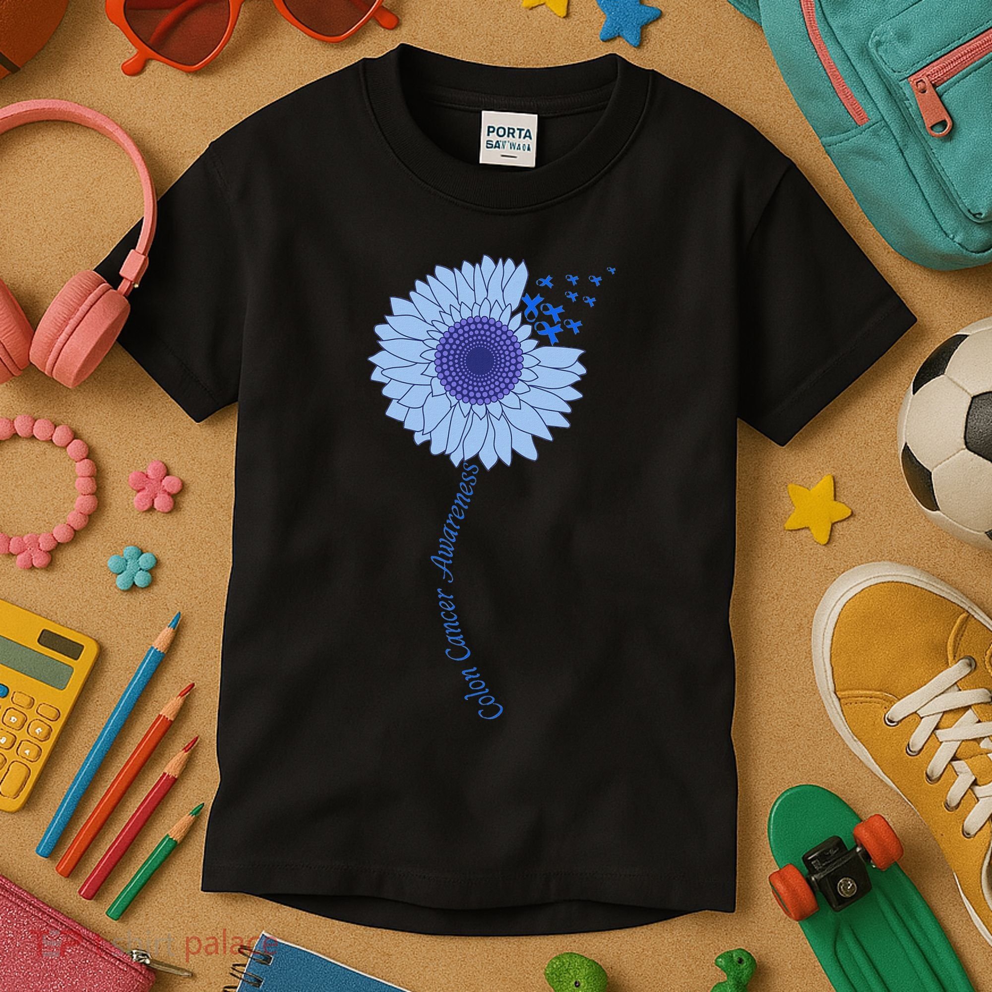 Colon Cancer Awareness Sunflower Periwinkle Ribbon Kids T-Shirt