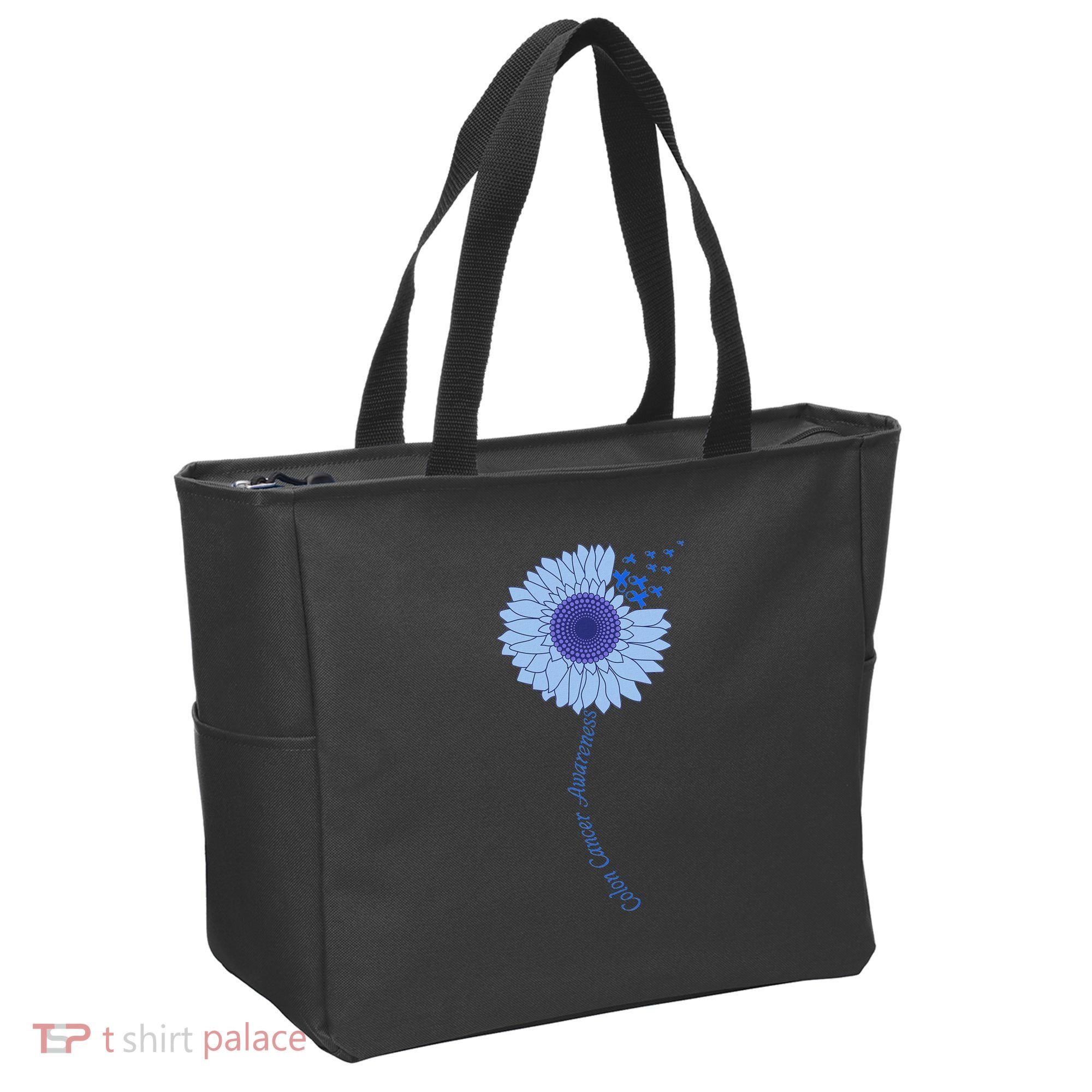 Colon Cancer Awareness Sunflower Periwinkle Ribbon Tote Bag