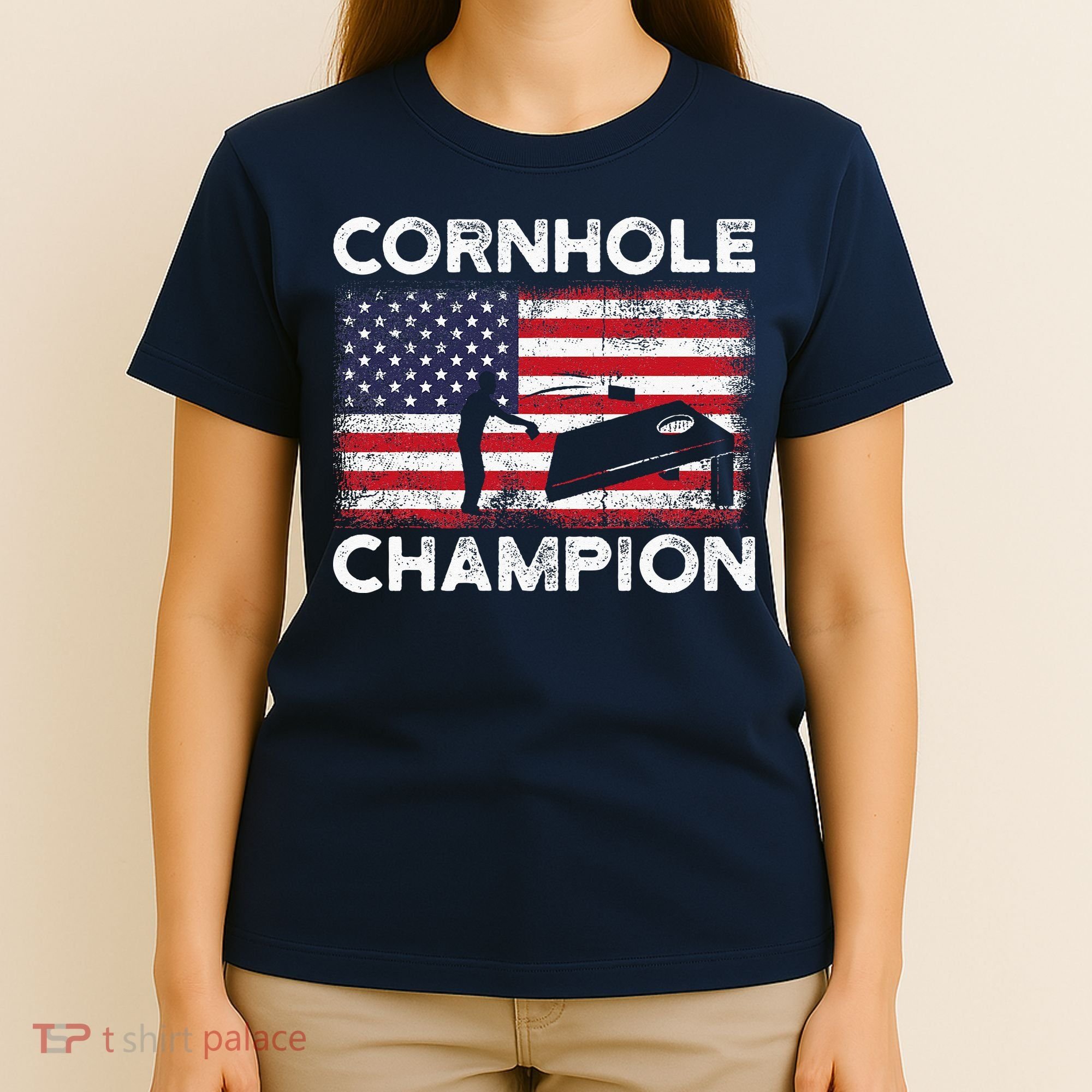 Cornhole Champion American Flag USA July 4th Cornhole T-Shirt