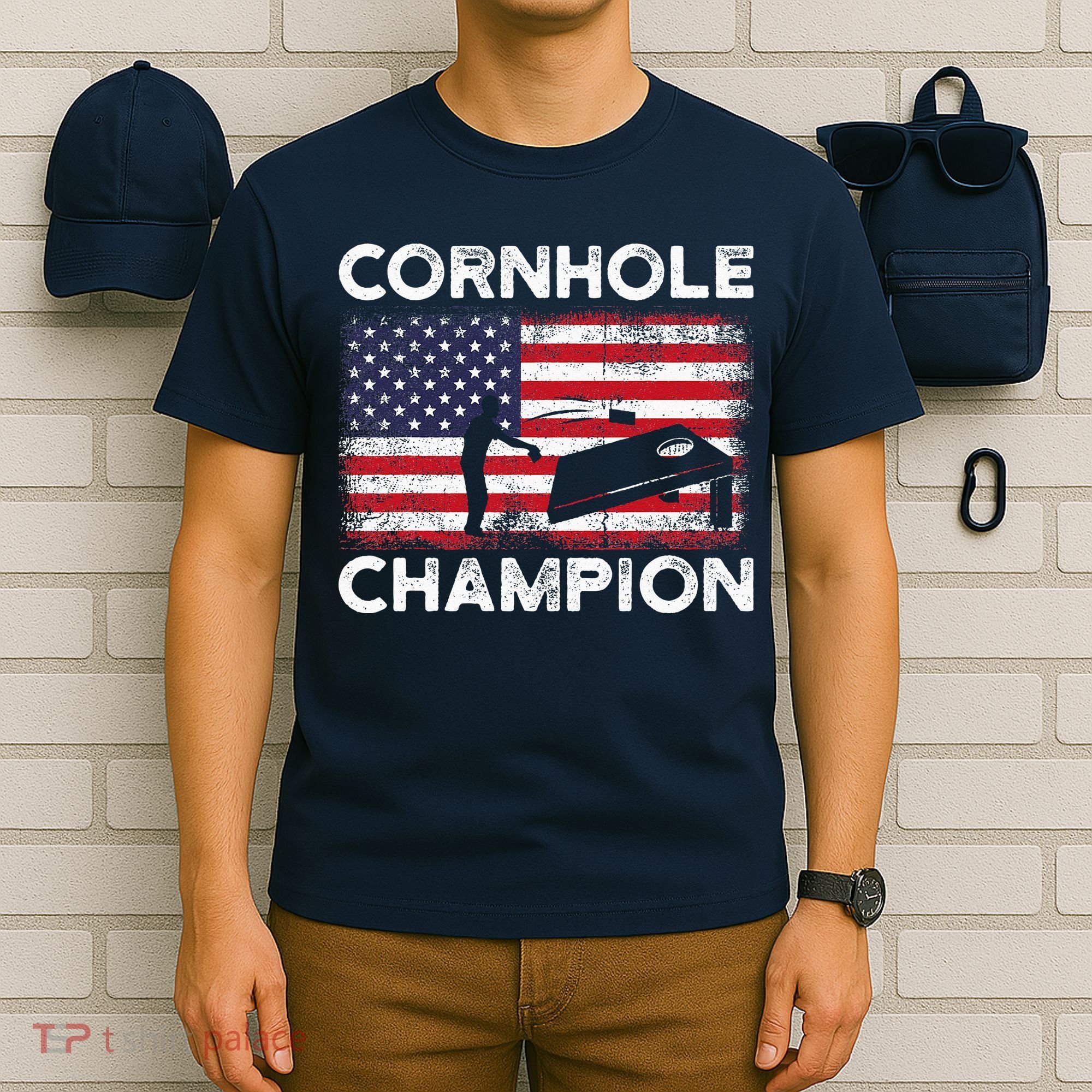 Cornhole Champion American Flag USA July 4th Cornhole T-Shirt