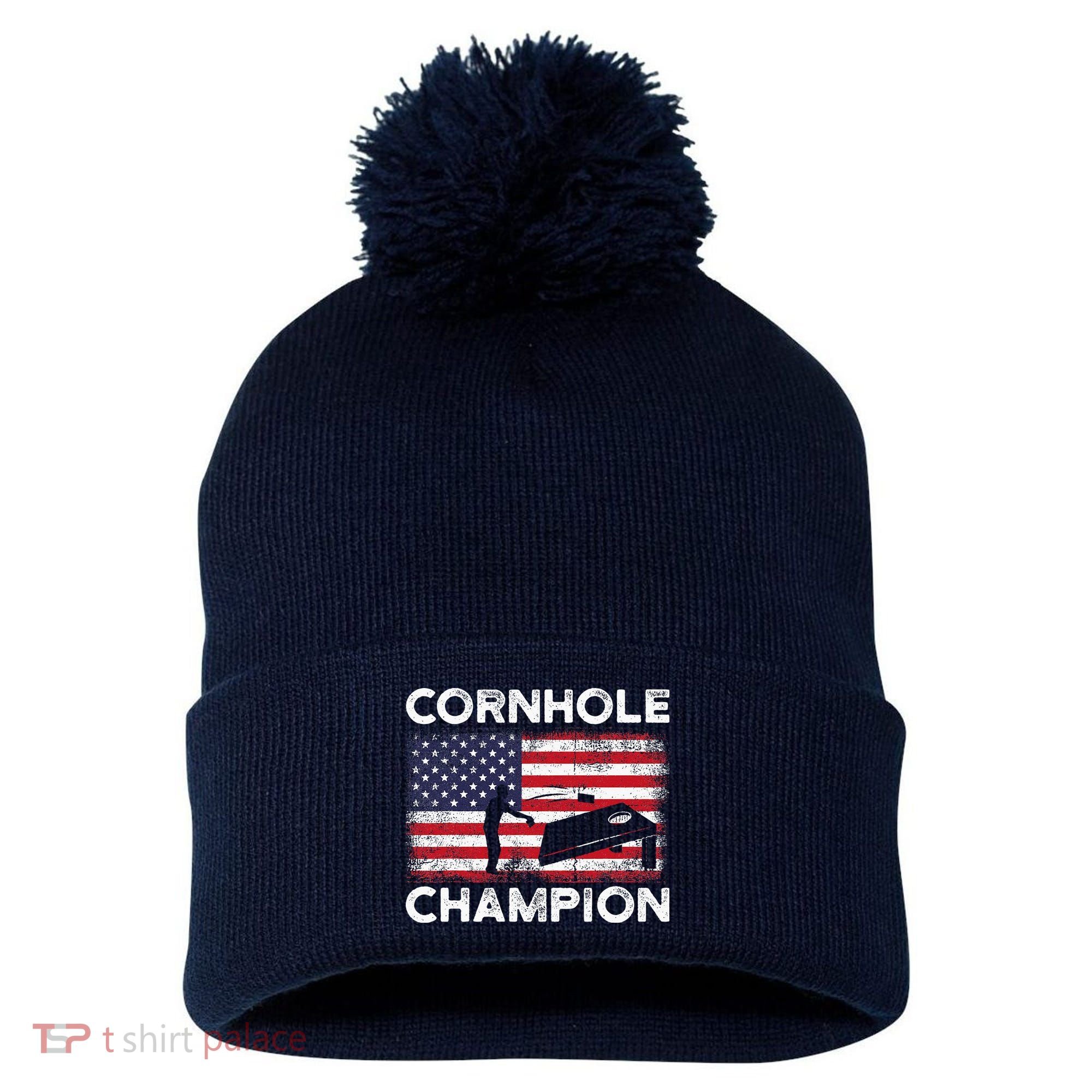 Cornhole Champion American Flag USA July 4th Cornhole Pom Pom 12in Knit Beanie
