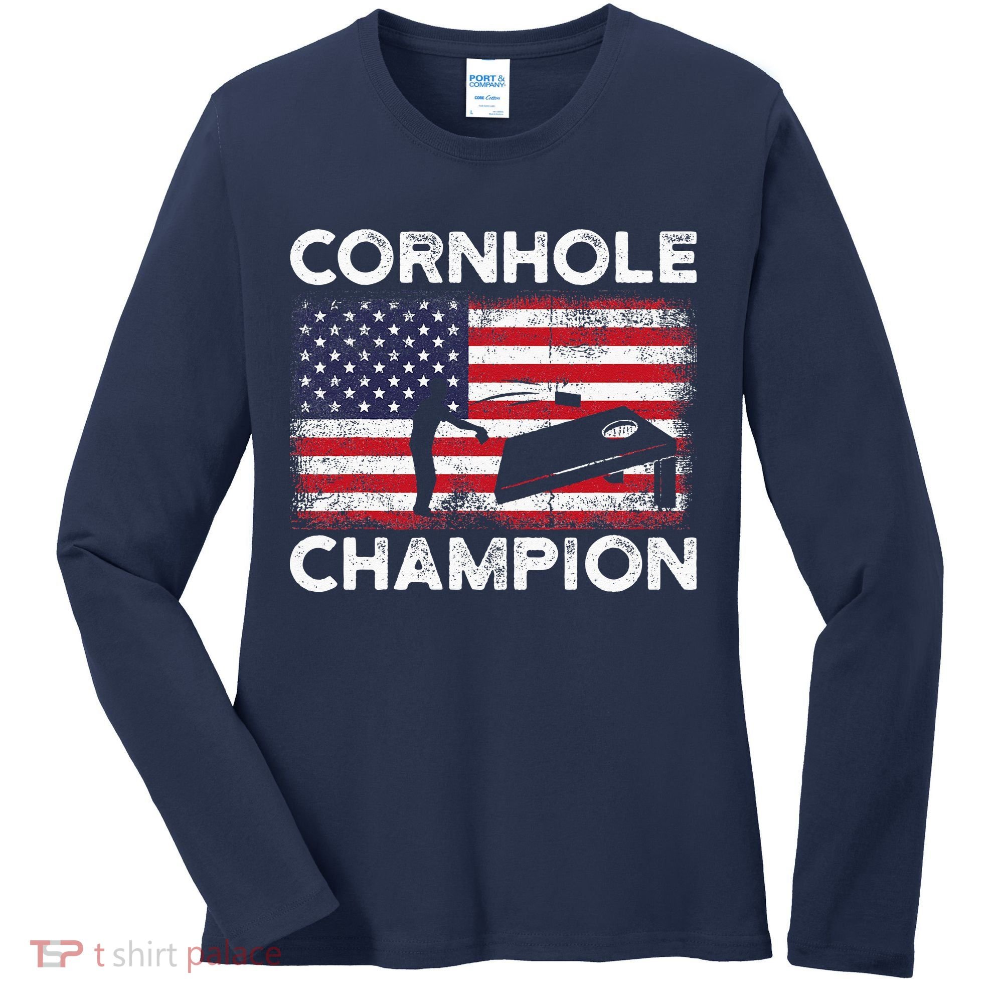 Cornhole Champion American Flag USA July 4th Cornhole Women's Long Sleeve Shirt
