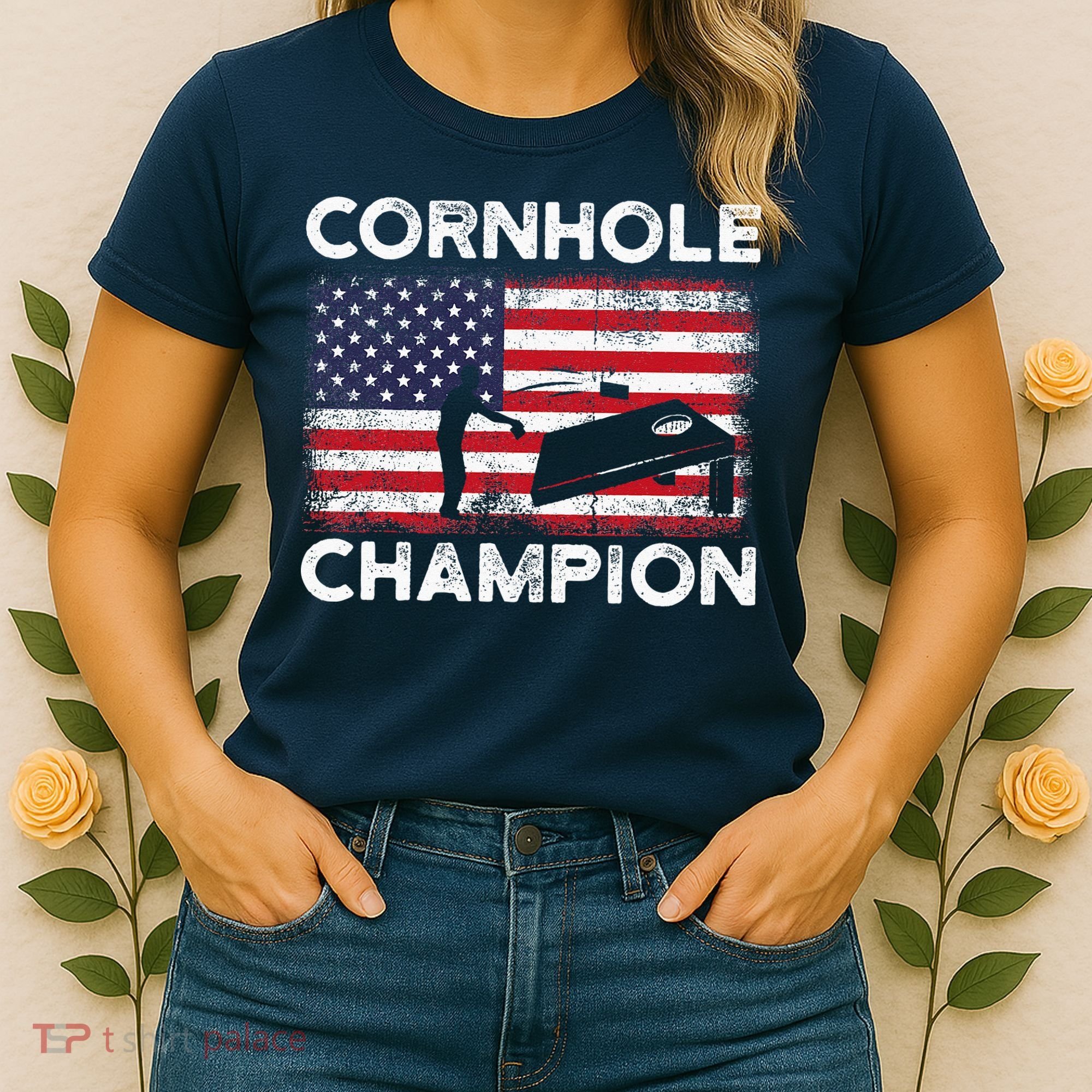 Cornhole Champion American Flag USA July 4th Cornhole Women's T-Shirt