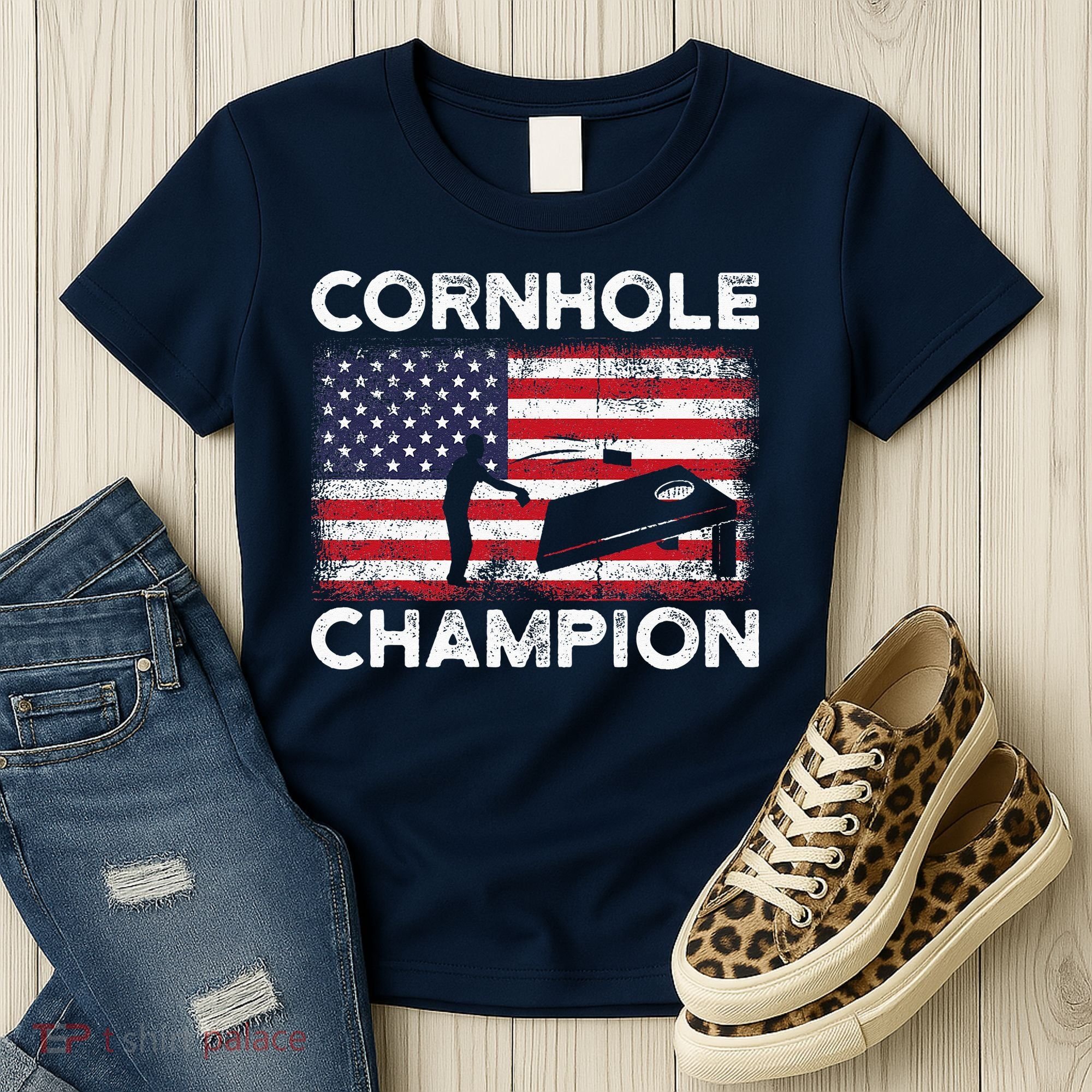 Cornhole Champion American Flag USA July 4th Cornhole Women's T-Shirt
