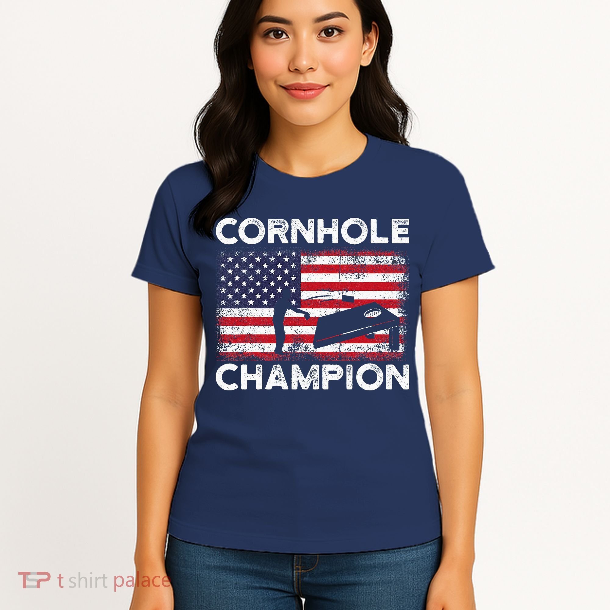 Cornhole Champion American Flag USA July 4th Cornhole Women's T-Shirt