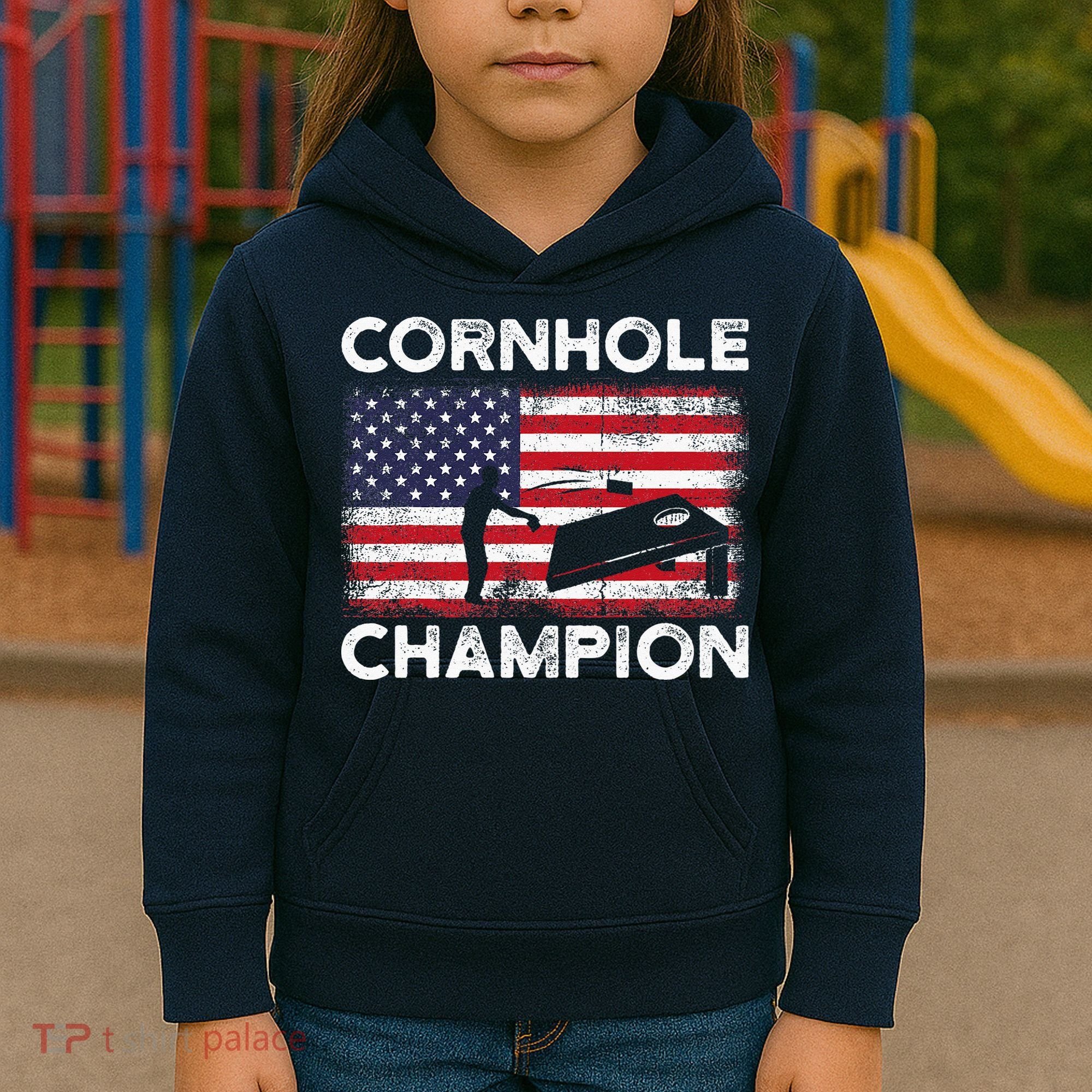 Cornhole Champion American Flag USA July 4th Cornhole Kids Hoodie