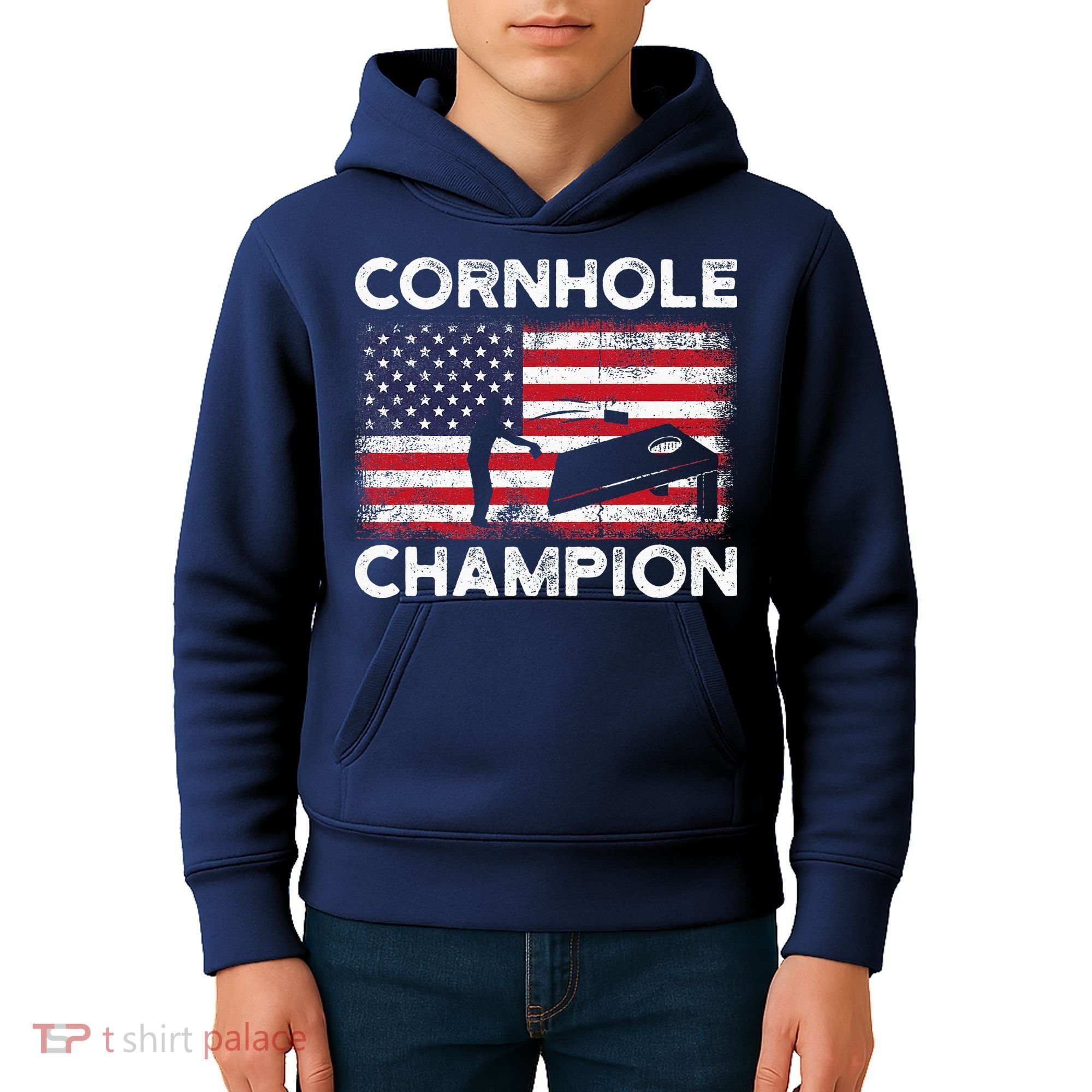 Cornhole Champion American Flag USA July 4th Cornhole Kids Hoodie