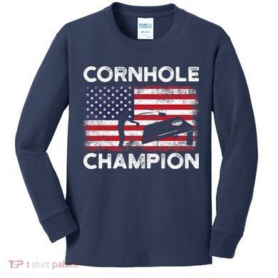 Cornhole Champion American Flag USA July 4th Cornhole Kids Long Sleeve Shirt