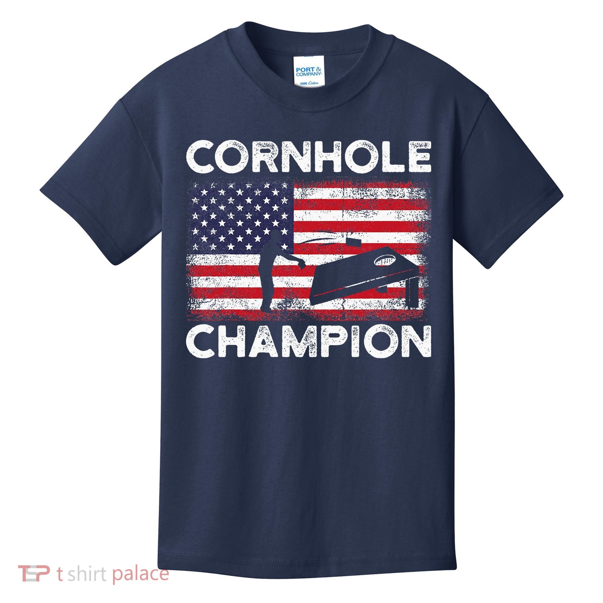 Cornhole Champion American Flag USA July 4th Cornhole Kids T-Shirt