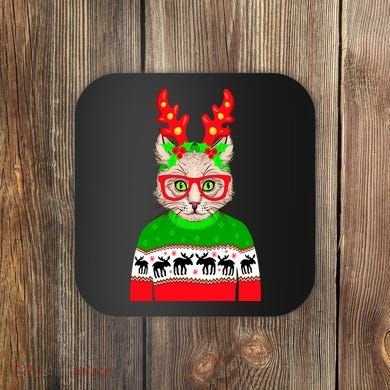 Funny Hipster Christmas Party Cat Coaster