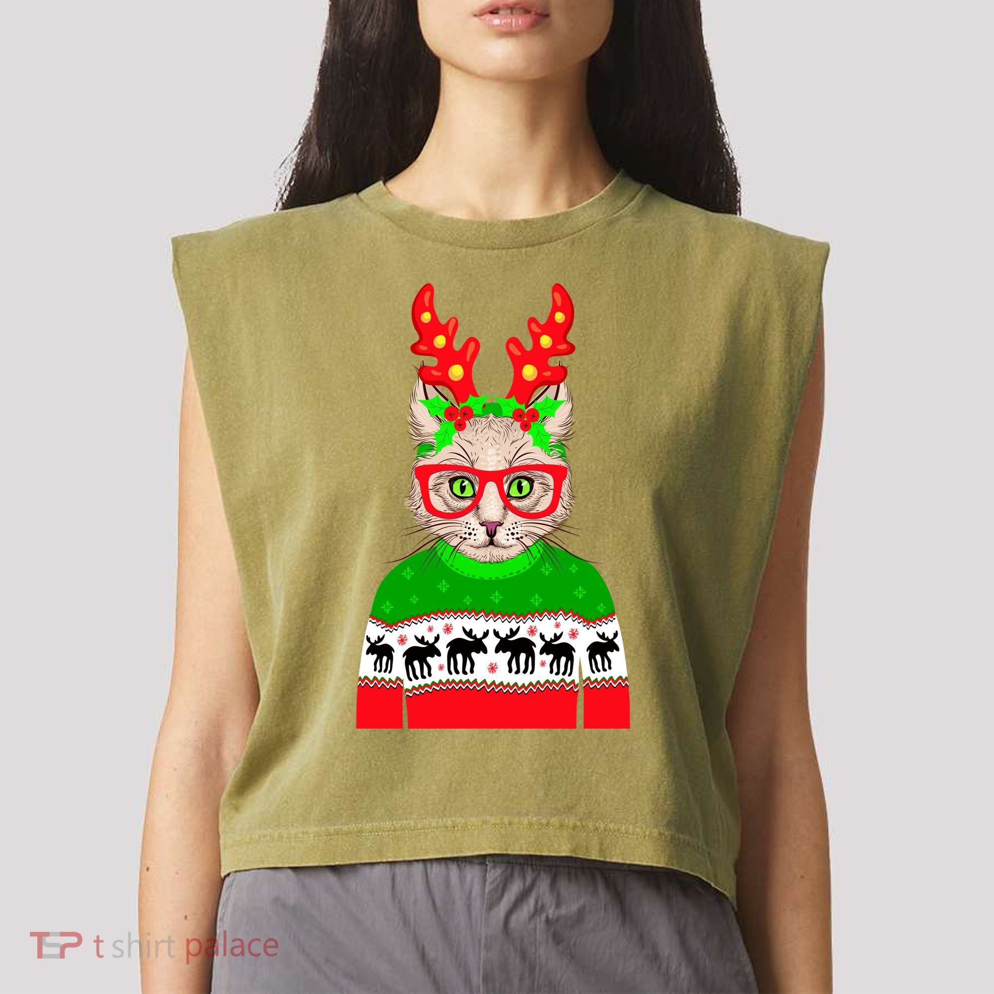 Funny Hipster Christmas Party Cat Garment-Dyed Women's Muscle Tee