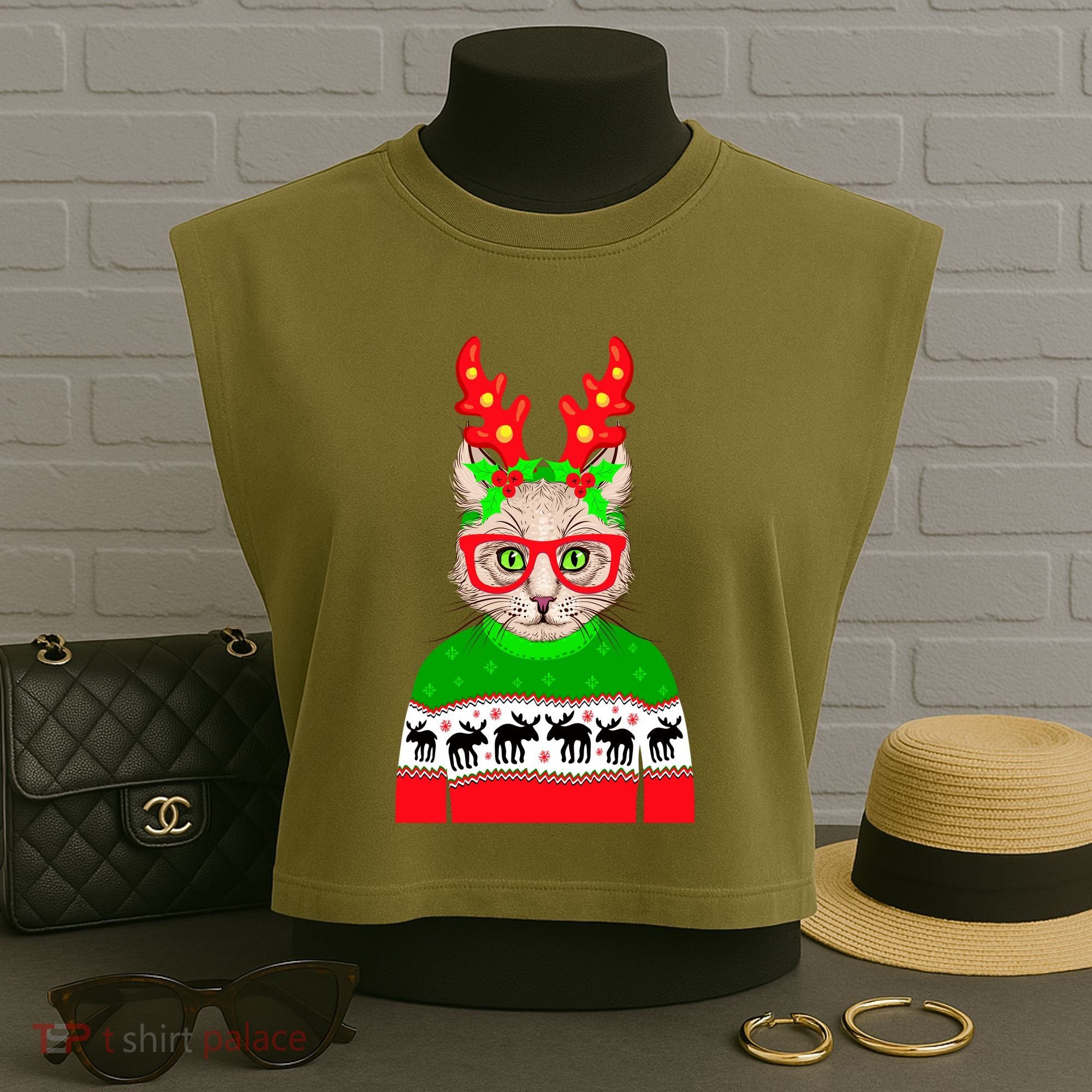 Funny Hipster Christmas Party Cat Garment-Dyed Women's Muscle Tee