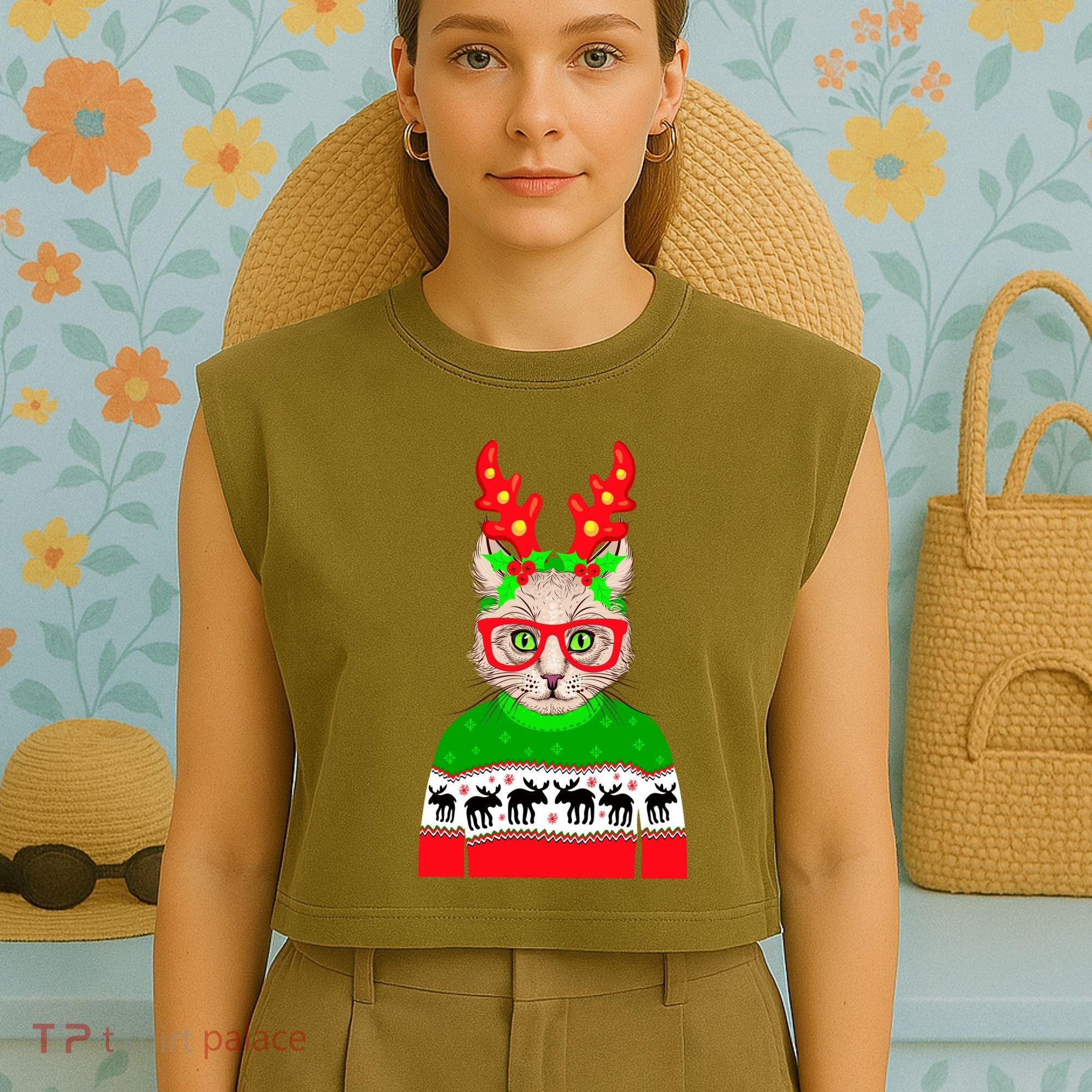 Funny Hipster Christmas Party Cat Garment-Dyed Women's Muscle Tee