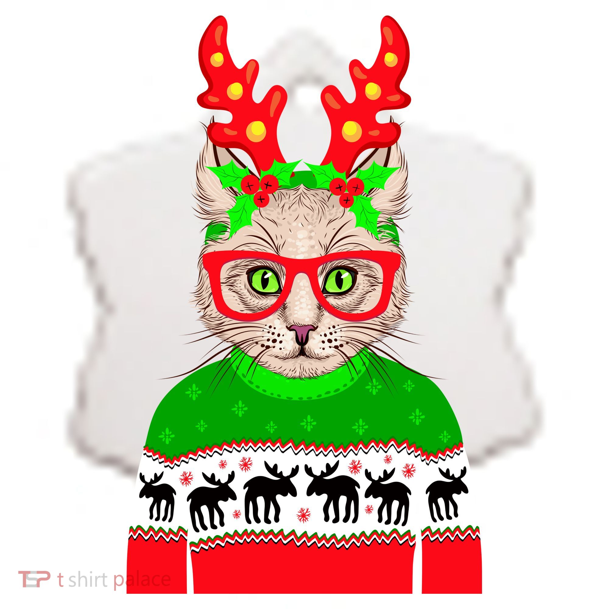 Funny Hipster Christmas Party Cat Ceramic Ornament