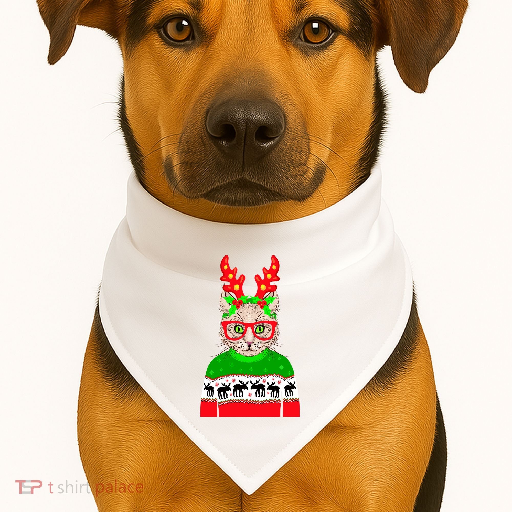 Funny Hipster Christmas Party Cat USA-Made Doggie Bandana