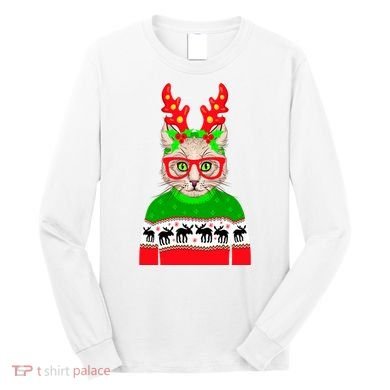 Funny Hipster Christmas Party Cat Long Sleeve Shirt