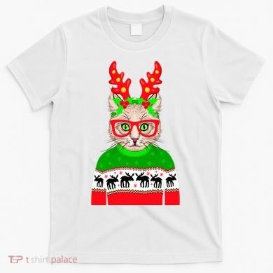 Funny Hipster Christmas Party Cat T-Shirt