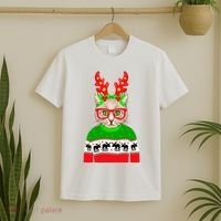 Funny Hipster Christmas Party Cat T-Shirt thumb 2