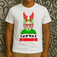 Funny Hipster Christmas Party Cat T-Shirt thumb 3