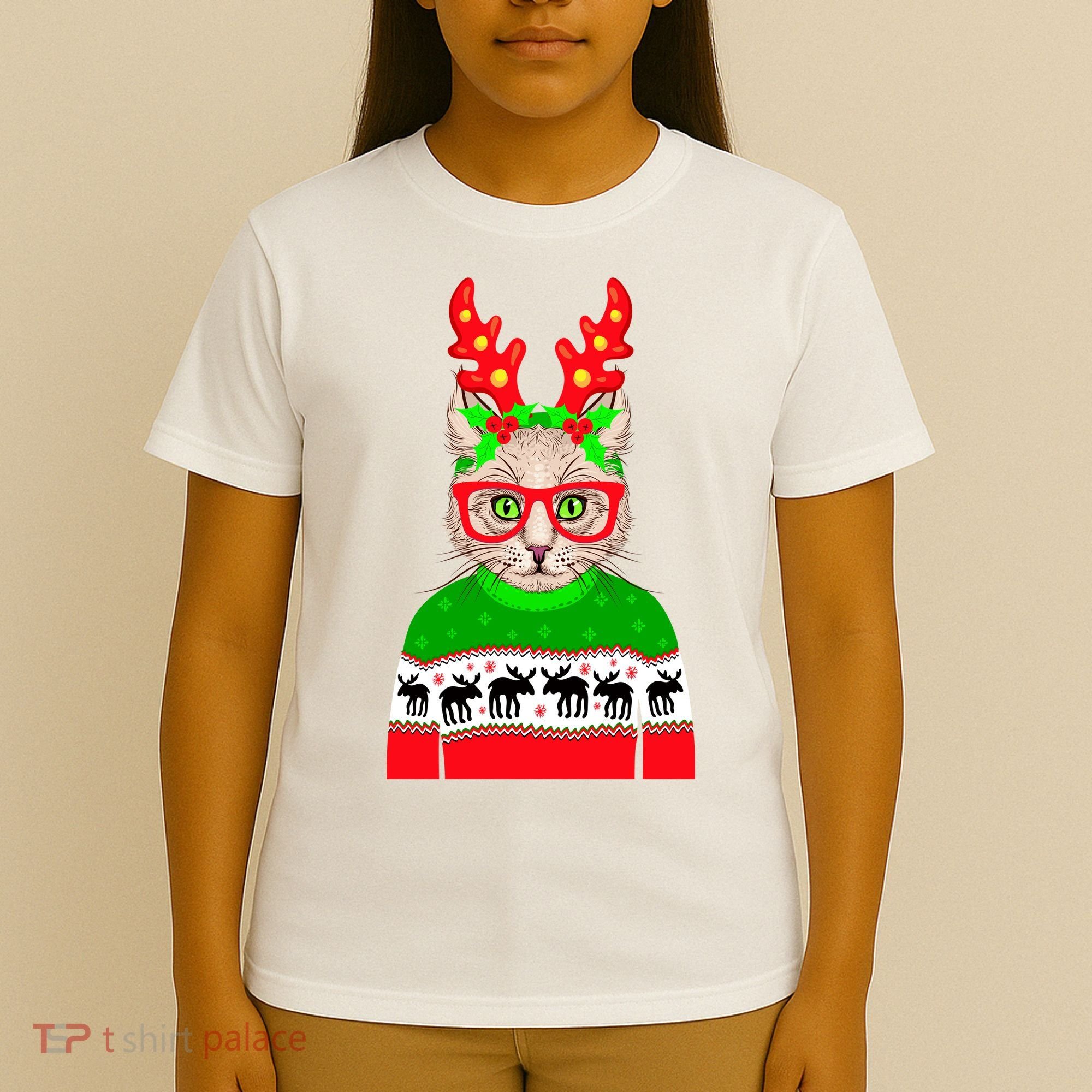Funny Hipster Christmas Party Cat T-Shirt