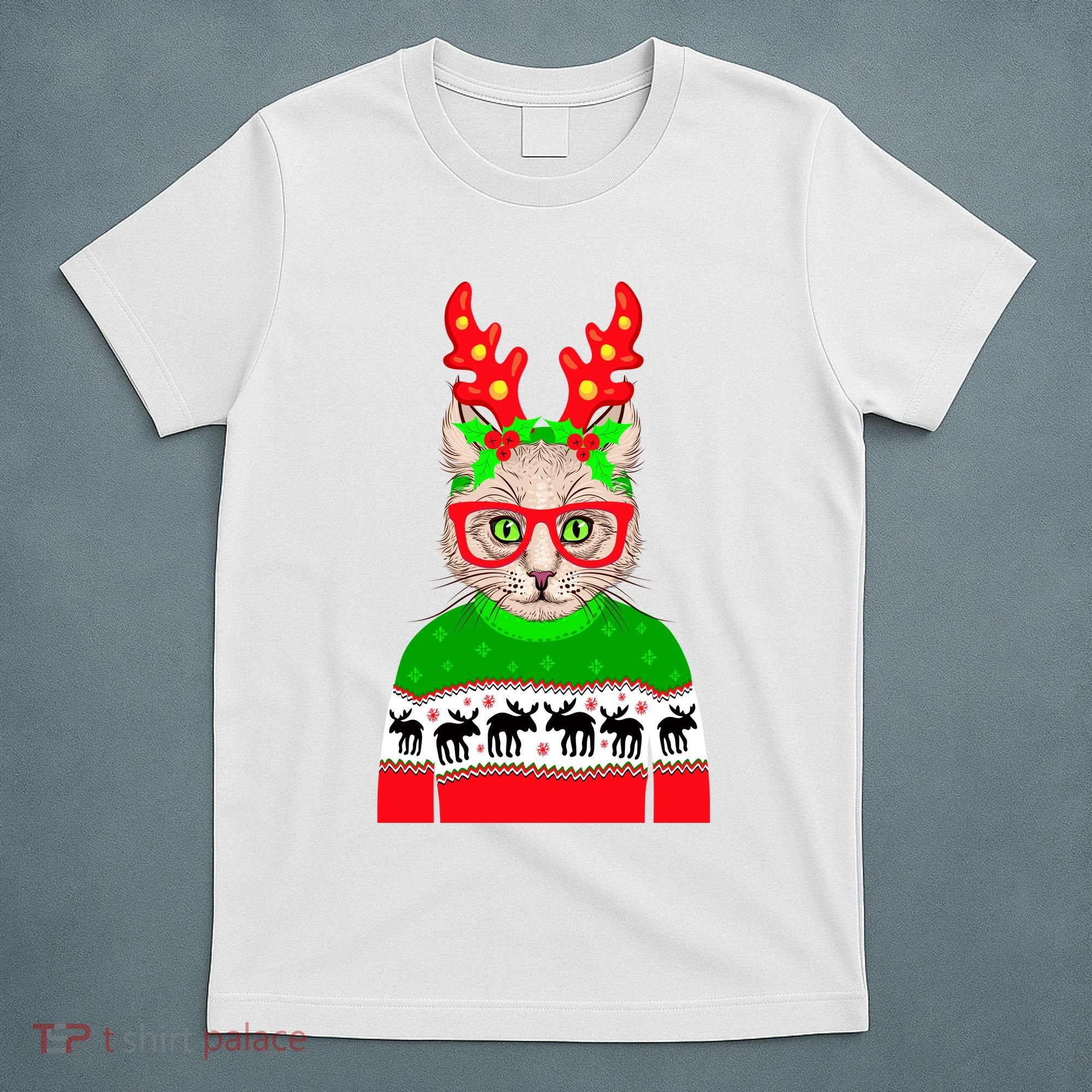 Funny Hipster Christmas Party Cat T-Shirt