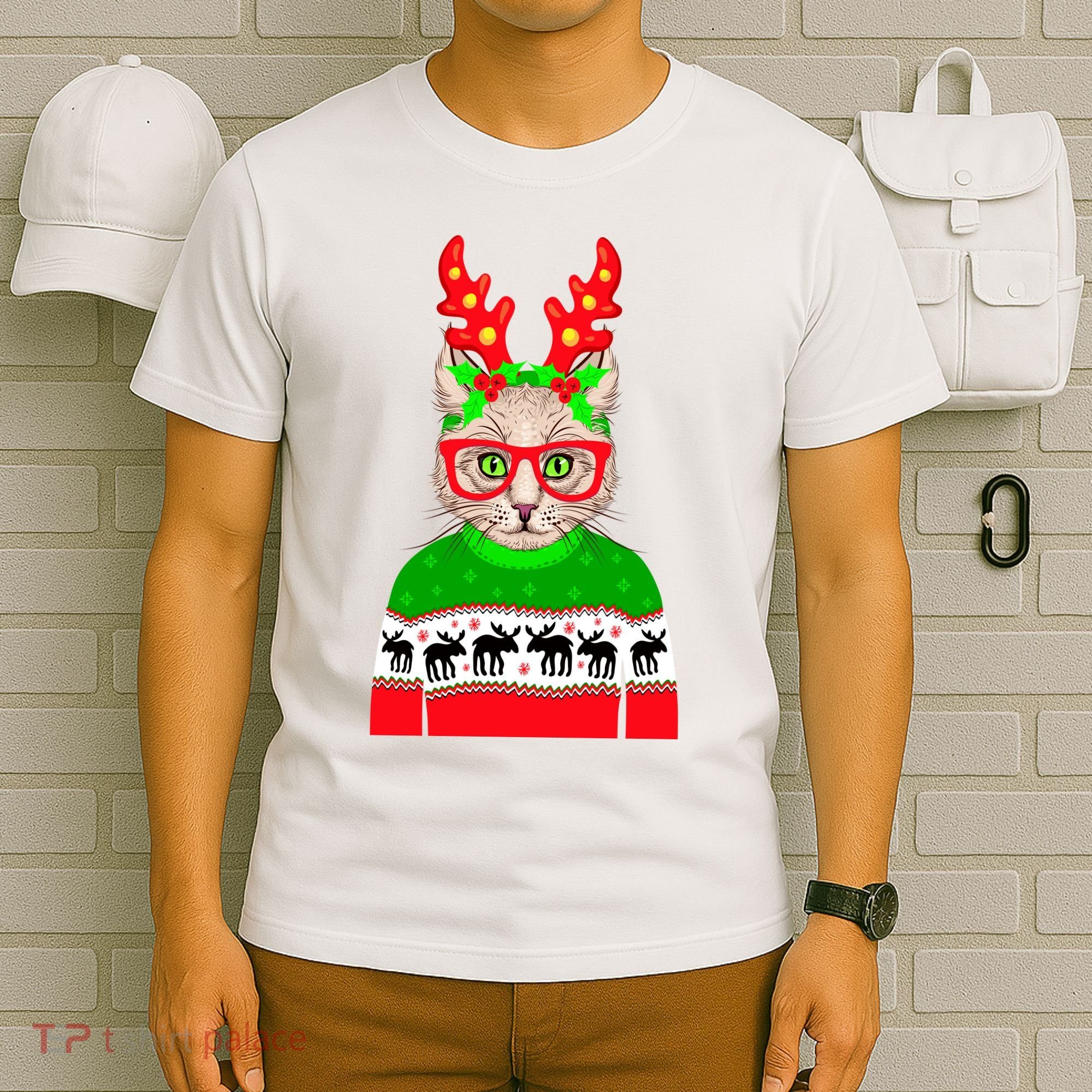 Funny Hipster Christmas Party Cat T-Shirt
