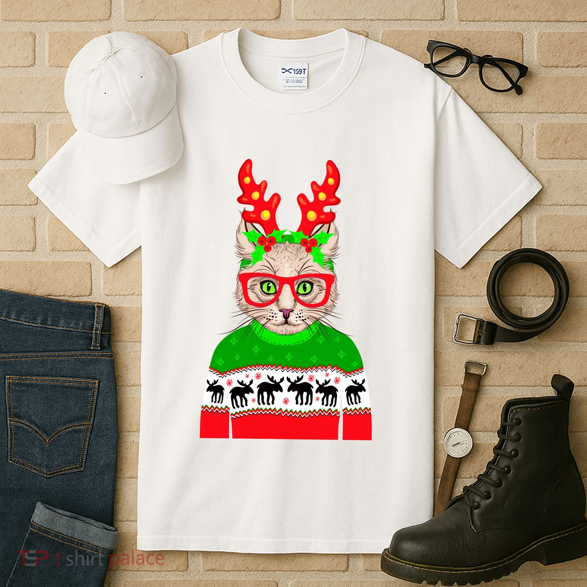Funny Hipster Christmas Party Cat Tall T-Shirt