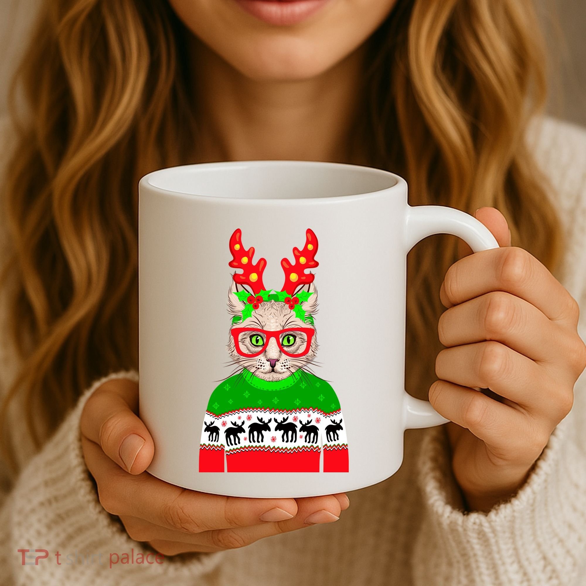 Funny Hipster Christmas Party Cat Coffee Mug