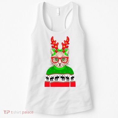 Funny Hipster Christmas Party Cat Women's Tank Top