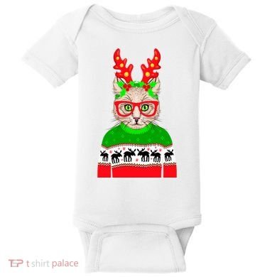 Funny Hipster Christmas Party Cat Baby Bodysuit