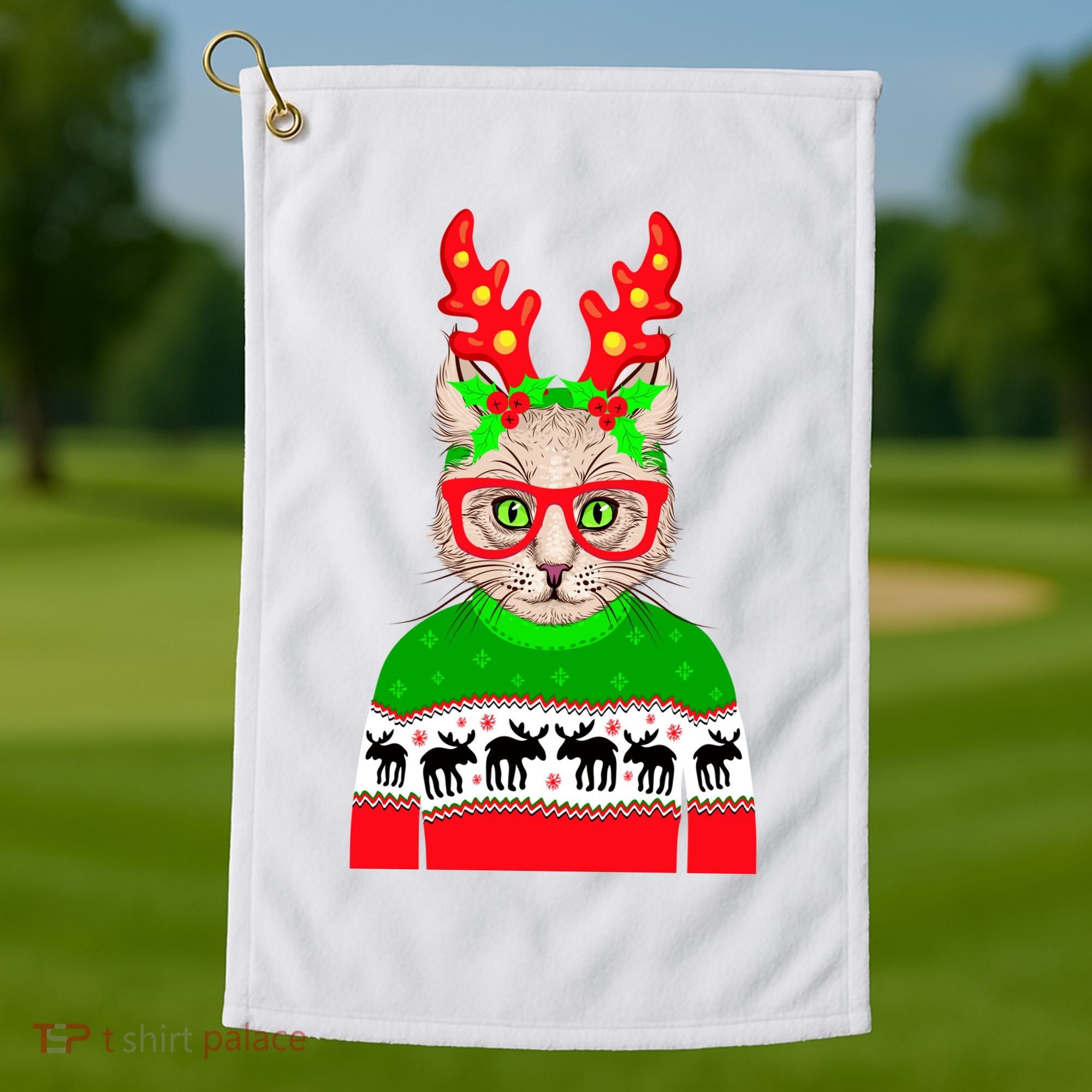 Funny Hipster Christmas Party Cat Golf Towel