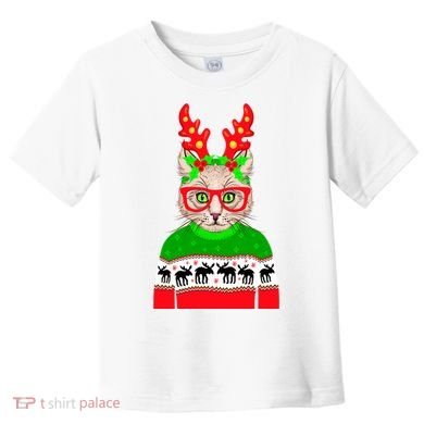 Funny Hipster Christmas Party Cat Toddler T-Shirt