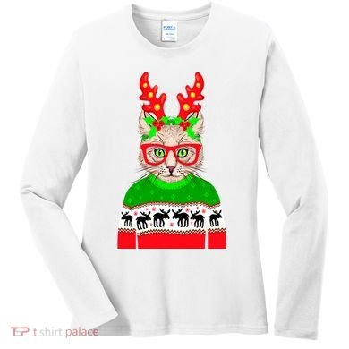 Funny Hipster Christmas Party Cat Women's Long Sleeve Shirt