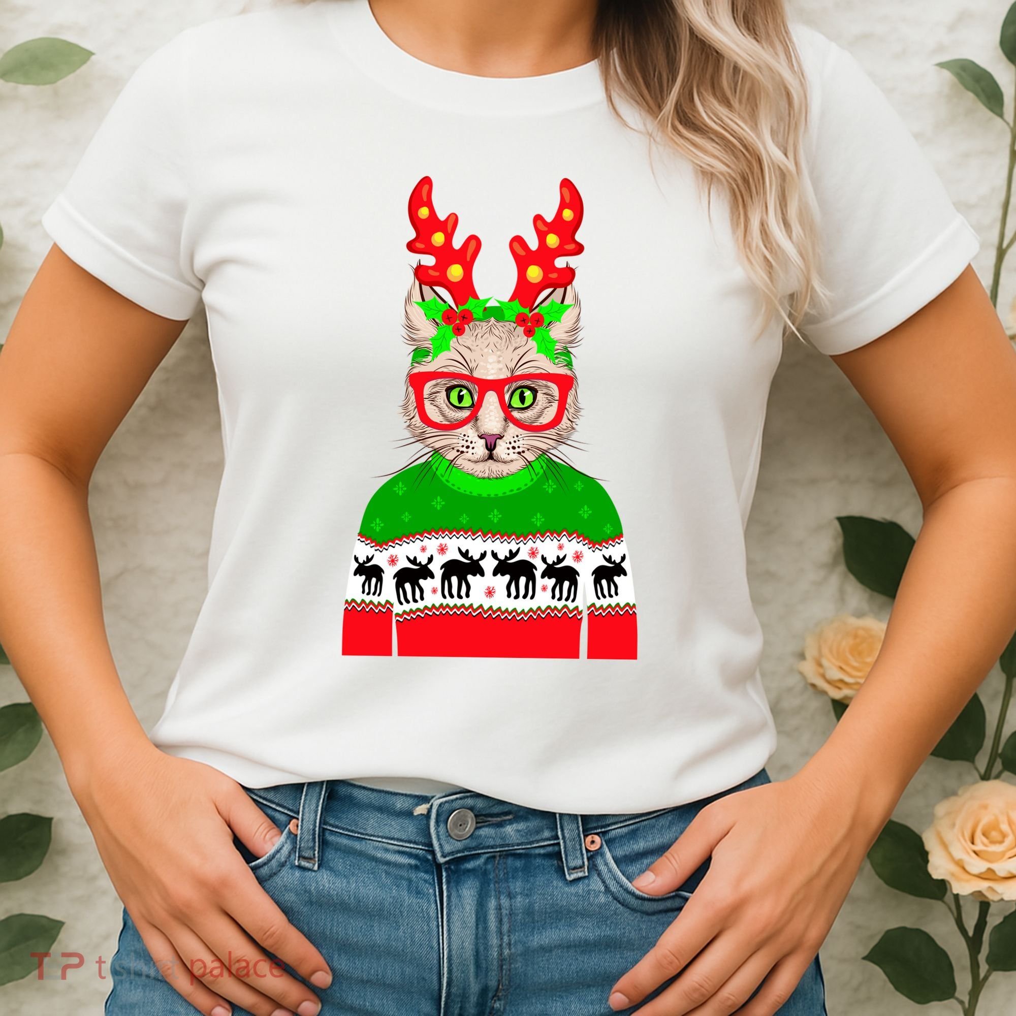 Funny Hipster Christmas Party Cat Women's T-Shirt