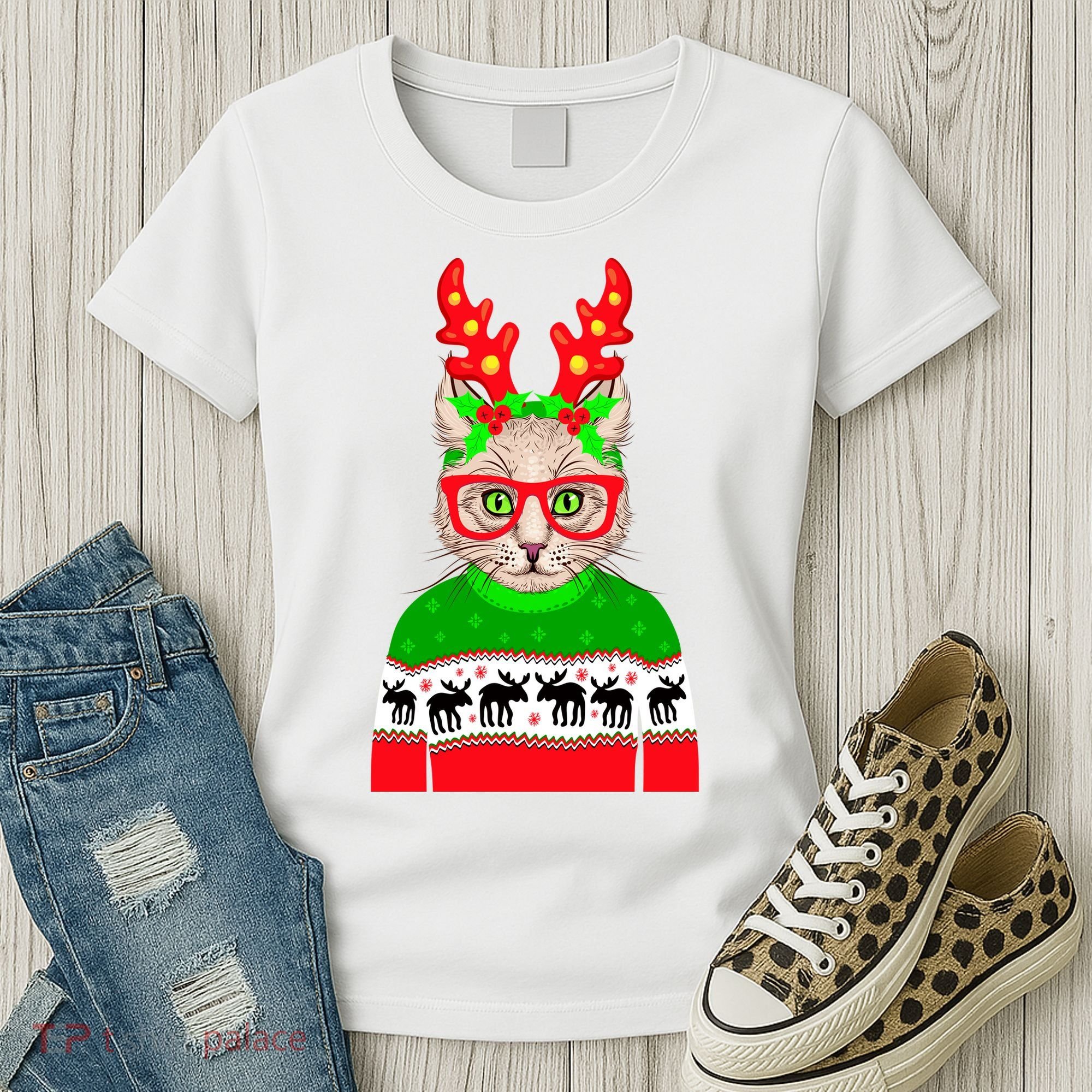Funny Hipster Christmas Party Cat Women's T-Shirt