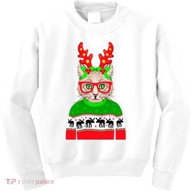 Funny Hipster Christmas Party Cat Kids Sweatshirt