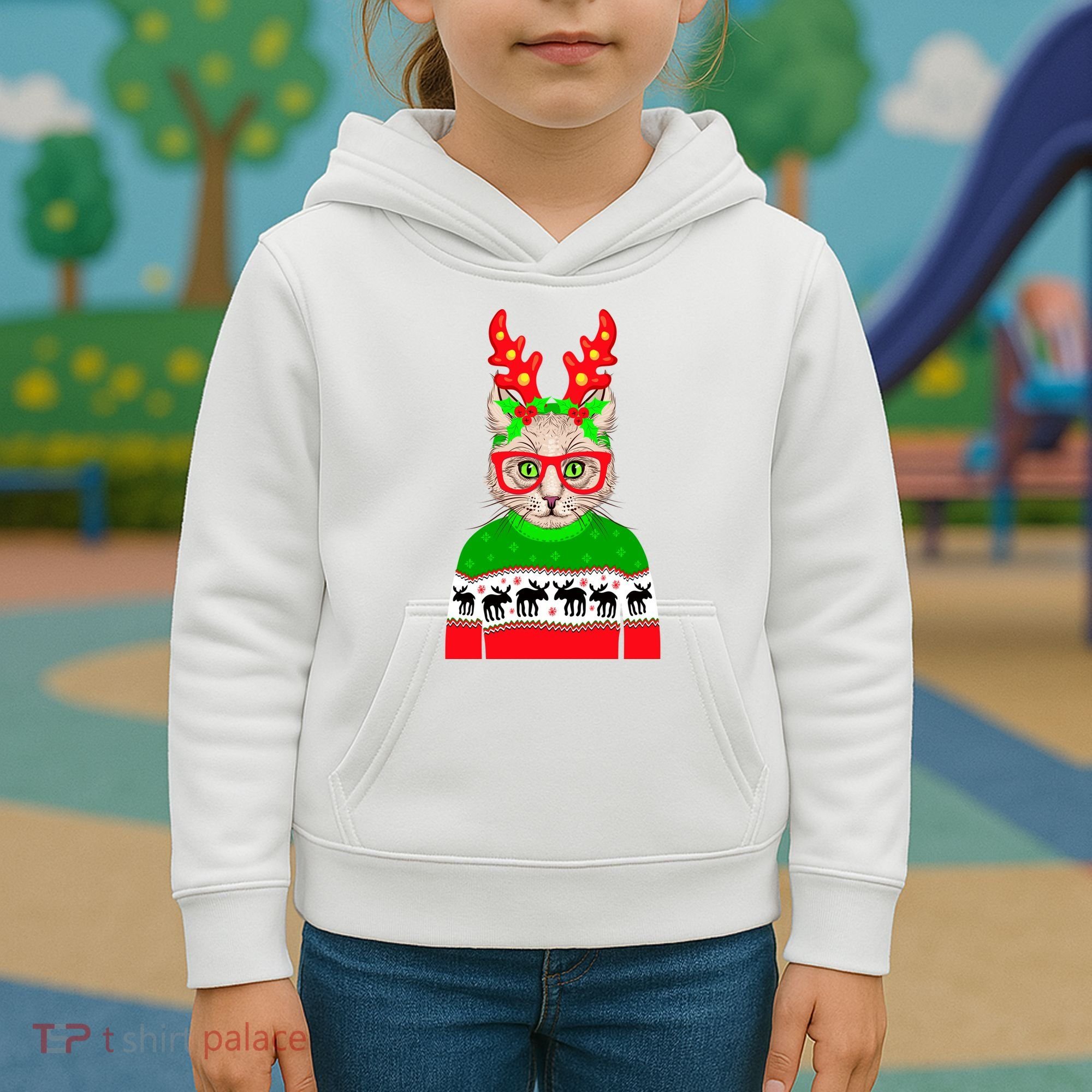 Funny Hipster Christmas Party Cat Kids Hoodie