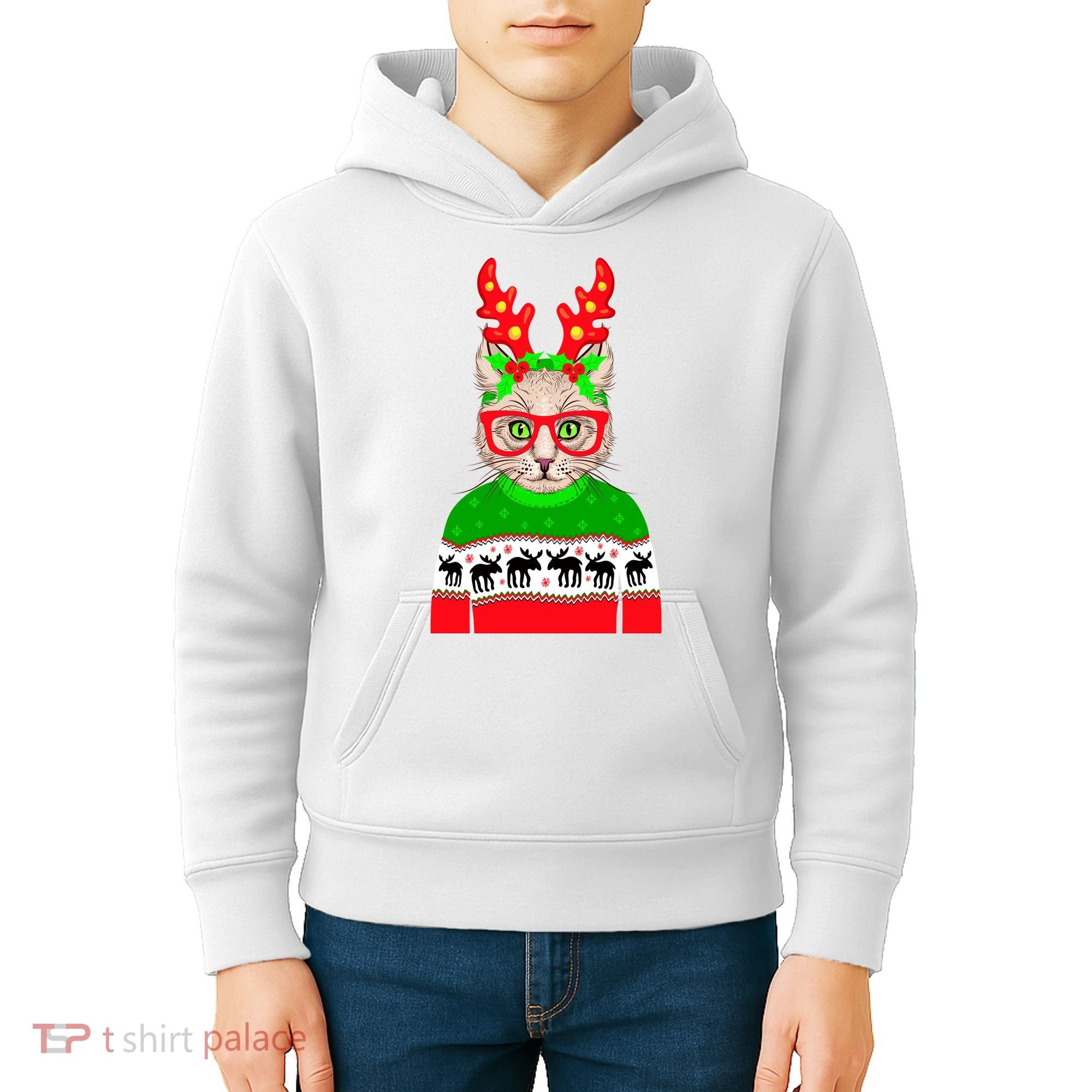Funny Hipster Christmas Party Cat Kids Hoodie