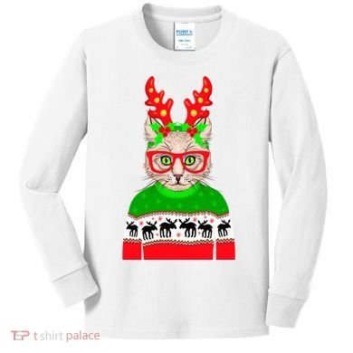 Funny Hipster Christmas Party Cat Kids Long Sleeve Shirt