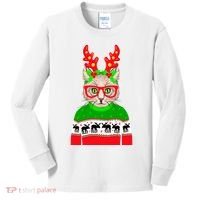 Funny Hipster Christmas Party Cat Kids Long Sleeve Shirt thumb 0