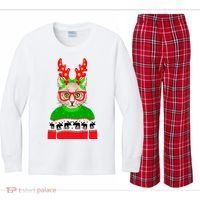 Funny Hipster Christmas Party Cat Kids Long Sleeve Plaid Pajama Set thumb 0