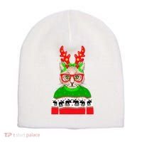 Funny Hipster Christmas Party Cat Short Acrylic Beanie thumb 0
