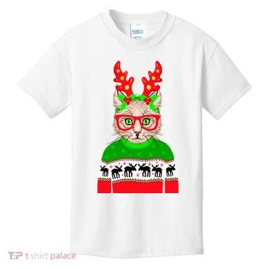 Funny Hipster Christmas Party Cat Kids T-Shirt