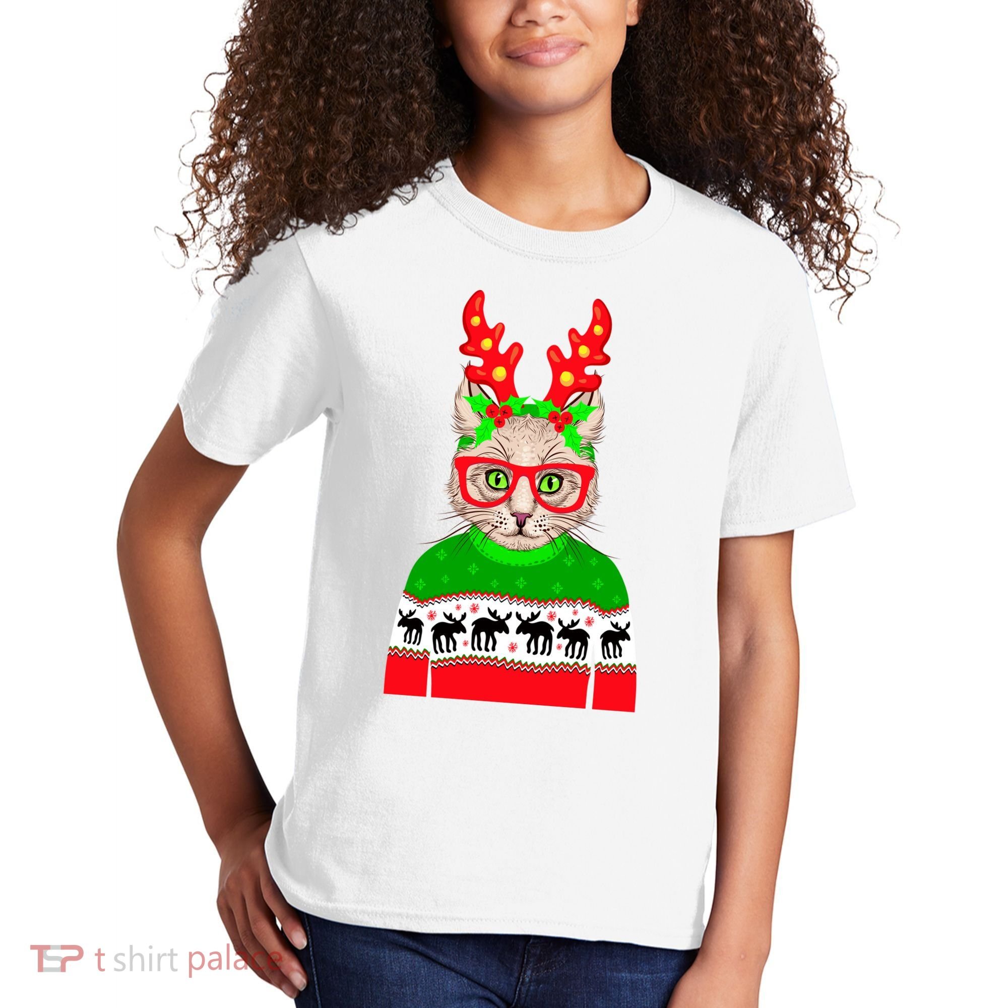 Funny Hipster Christmas Party Cat Kids T-Shirt