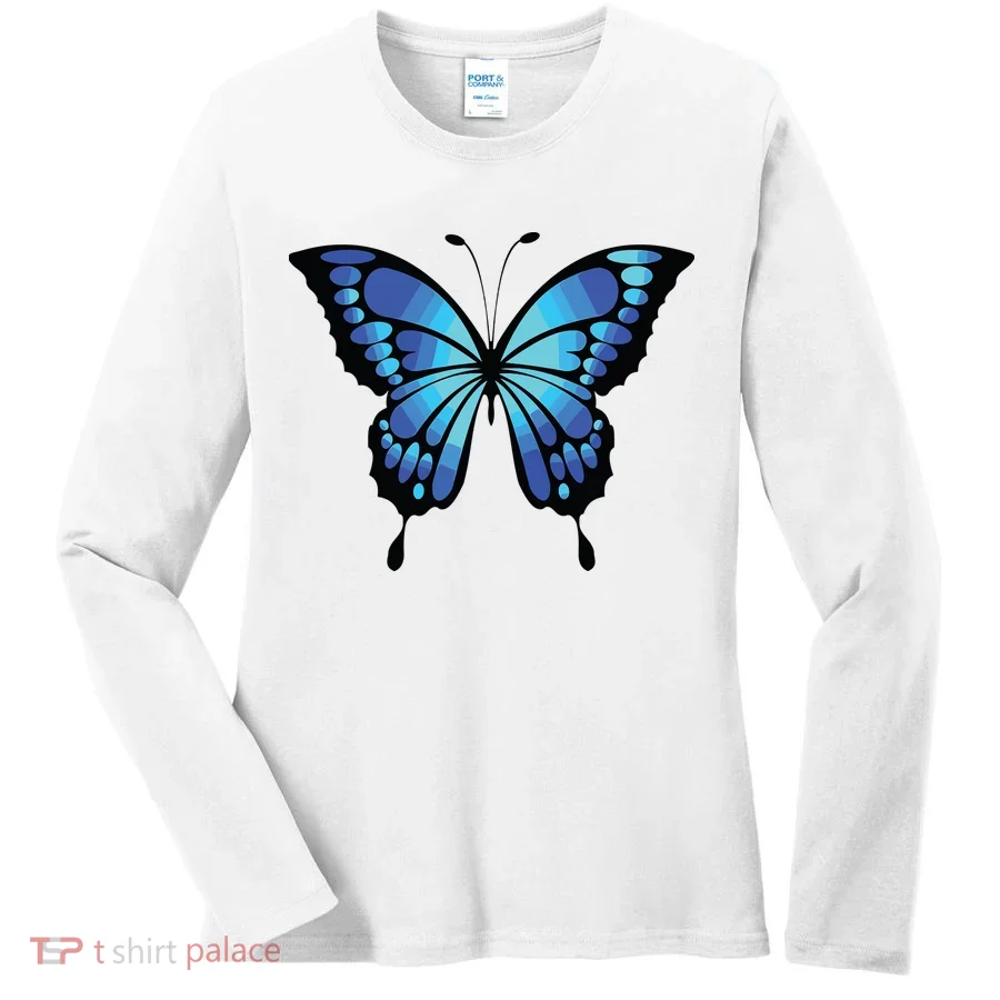 Cute Colorful Blue Butterfly Women's Long Sleeve Shirt