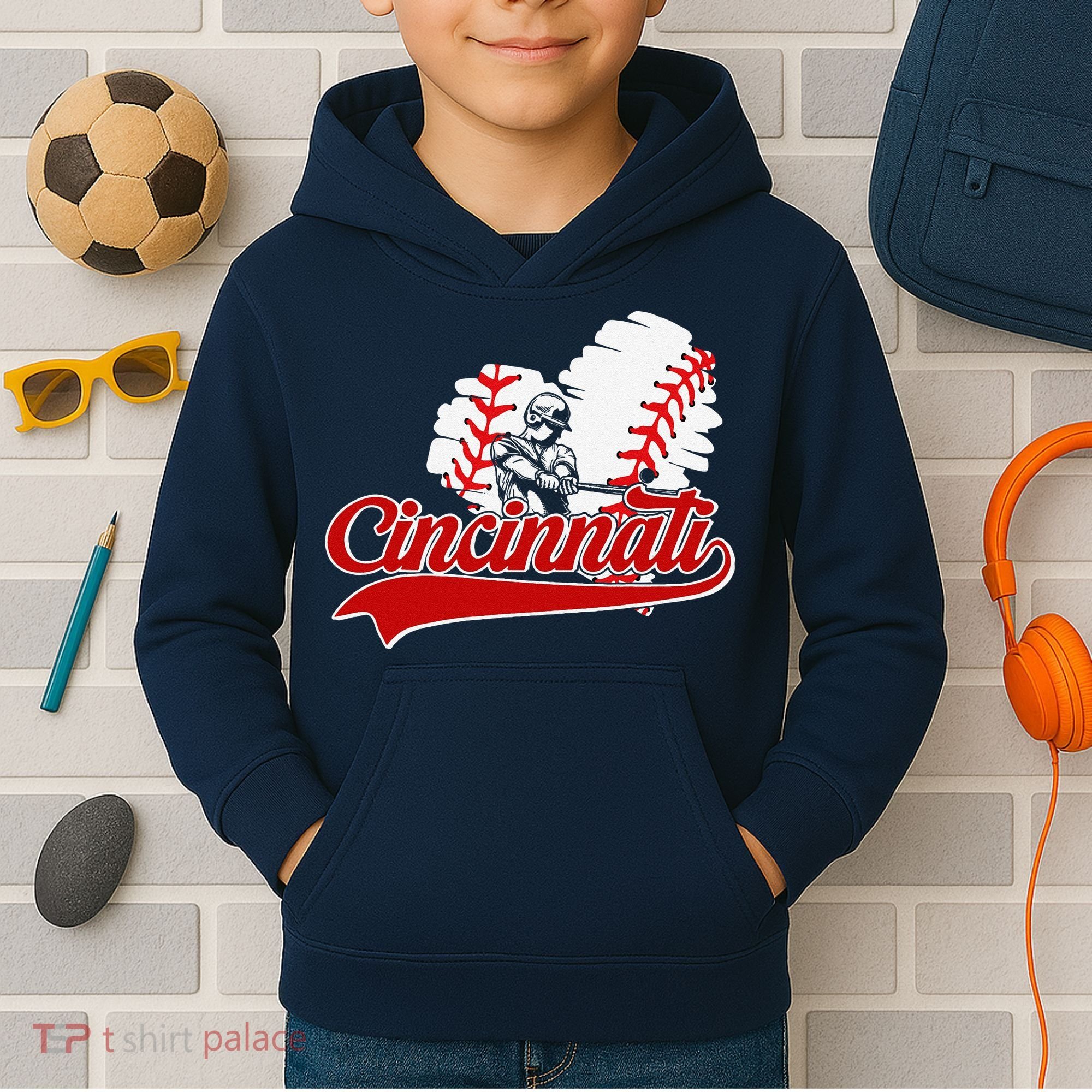 Cincinnati Cities Baseball Heart Baseball Fans Kids Hoodie
