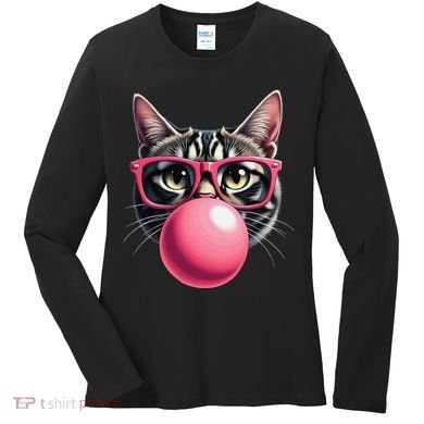 Cute Cat Blowing Bubble Gum Women's Long Sleeve Shirt